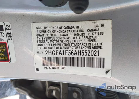 2010 Honda Civic Lx from USA, damaged, VIN 2HGFA1F56AH552021
